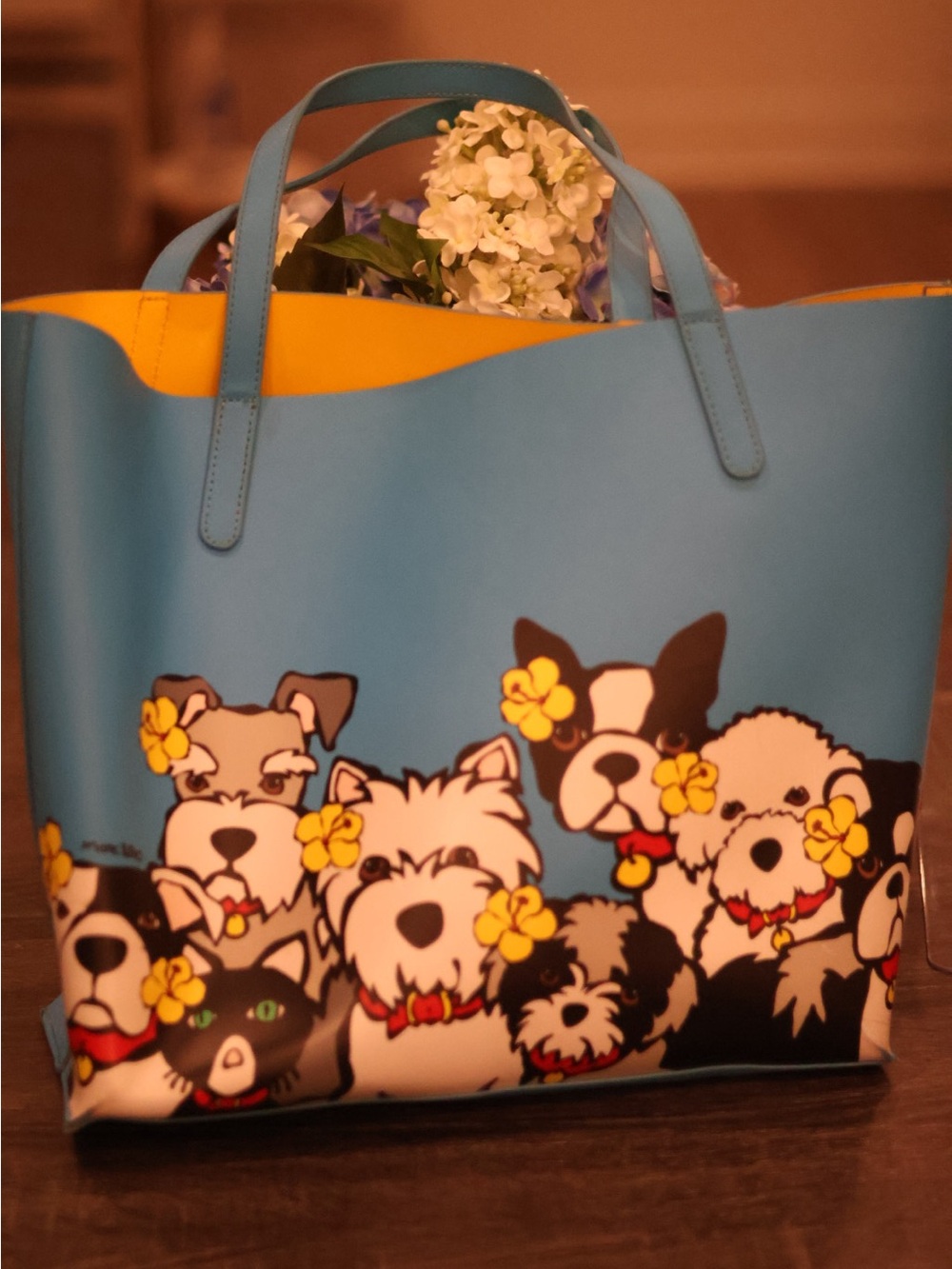 RARE Marc Tetro All My Dogs Blue Yellow Large Tote Bag Dog Cat Print